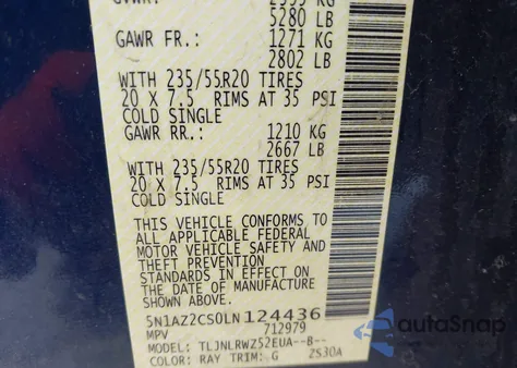 2020 Nissan Murano Sl Intelligent Awd z USA, uszkodzony, nr VIN 5N1AZ2CS0LN124436